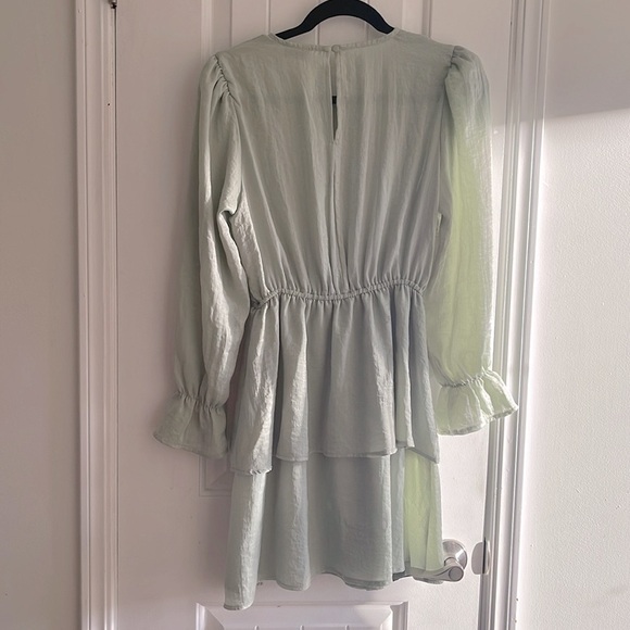 Anthropologie Flounce London Tall satin tiered mini dress in sage green - Picture 9 of 11